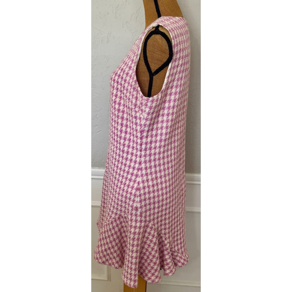 CeCe Pink White Houndstooth Tweed Sleeveless Flounce Hem Dress Size 12 - Picture 3 of 11